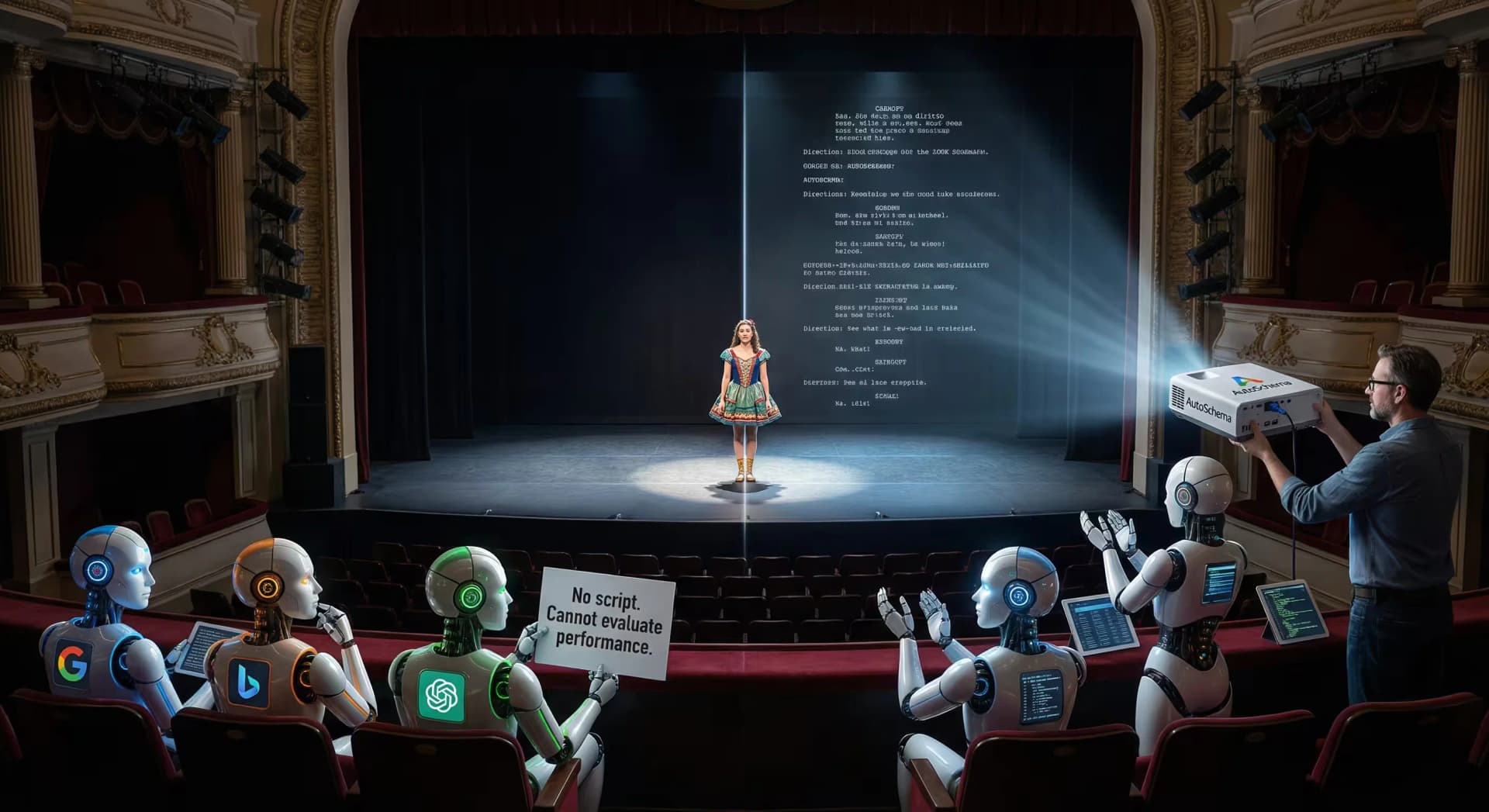 A website performing on stage while search engine and AI robots evaluate it with structured data on display