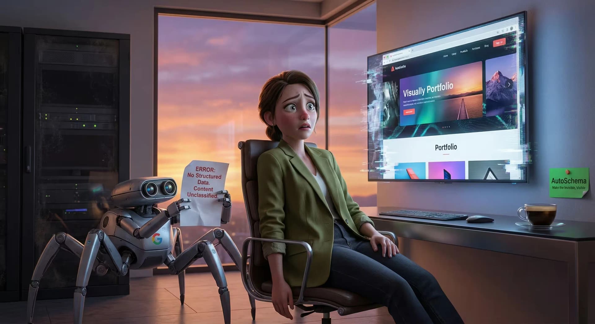 A business owner looking at their website while a crawler robot sees something completely different